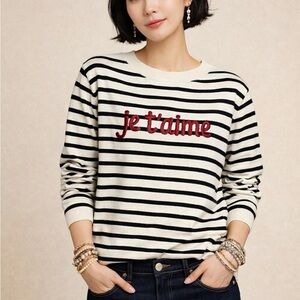 Talbots Sweater Pullover Jumper Medium Sequins Je t'aime Striped Womens Ivory